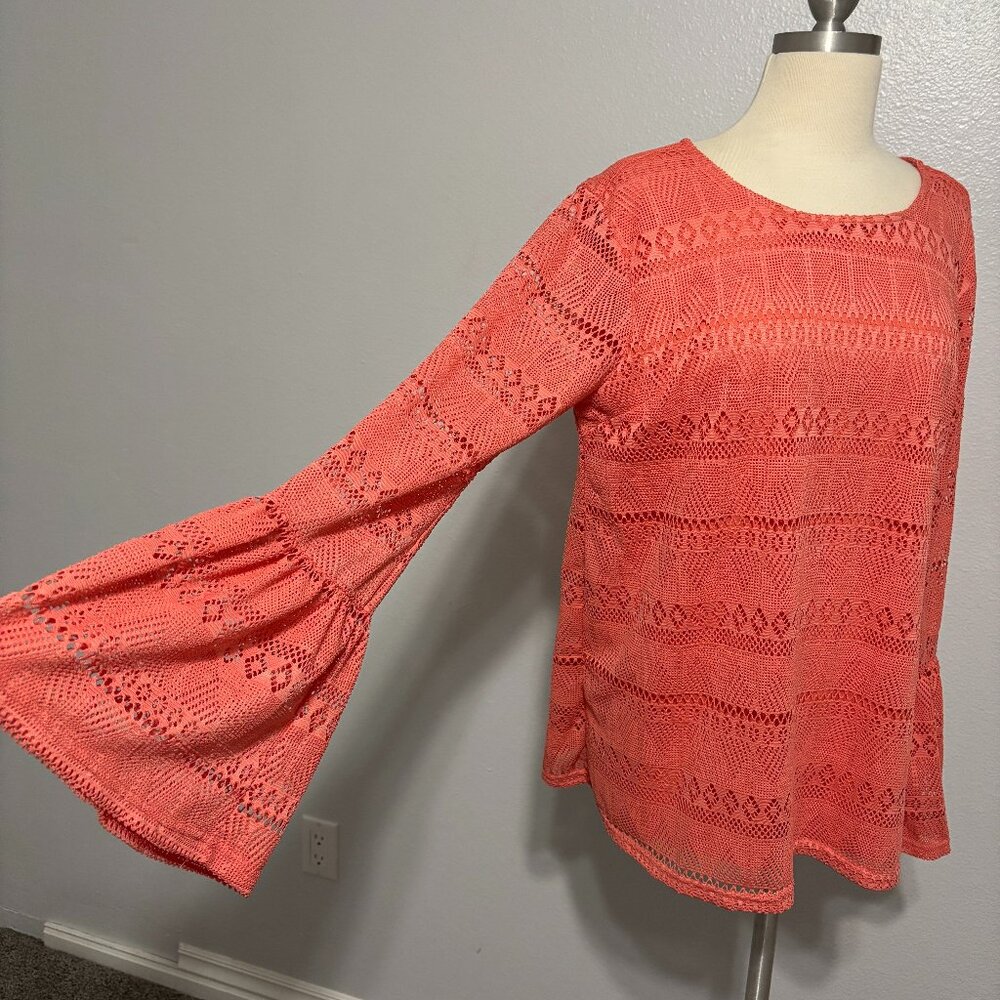 Kori America Coral Lace‎ Boho Festival Bell Sleeve Crochet Blouse Women’s M